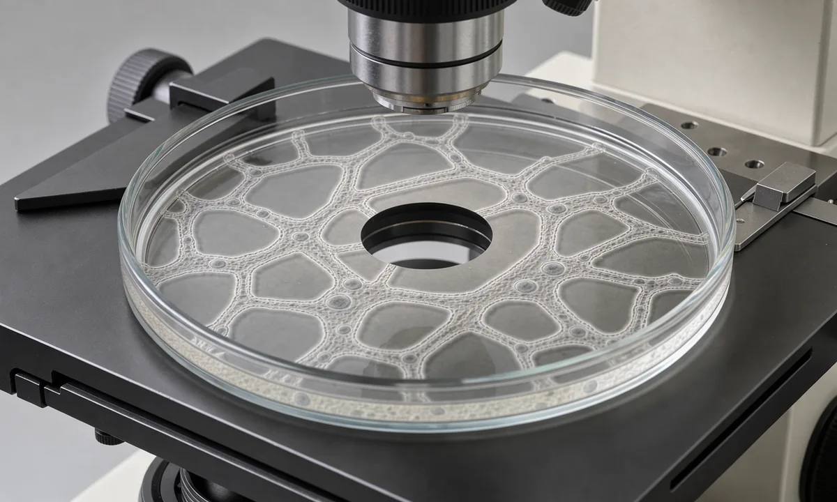 A culture dish beneath a microscope showing branching groups of pale cells