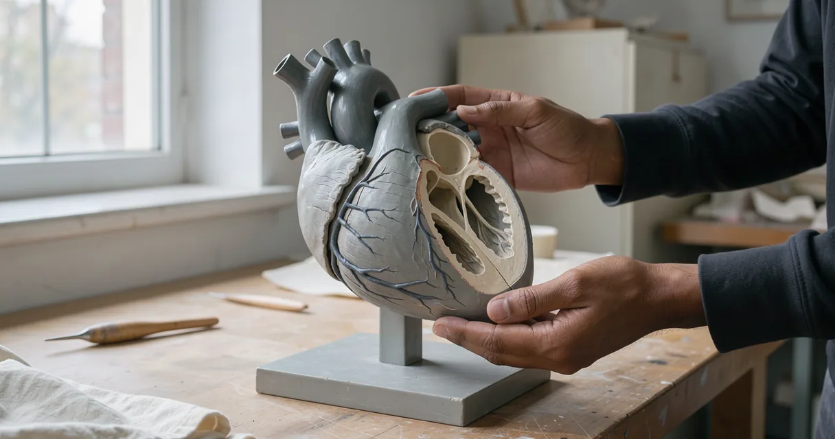 An adult turning a cutaway anatomical heart model on a pale worktable