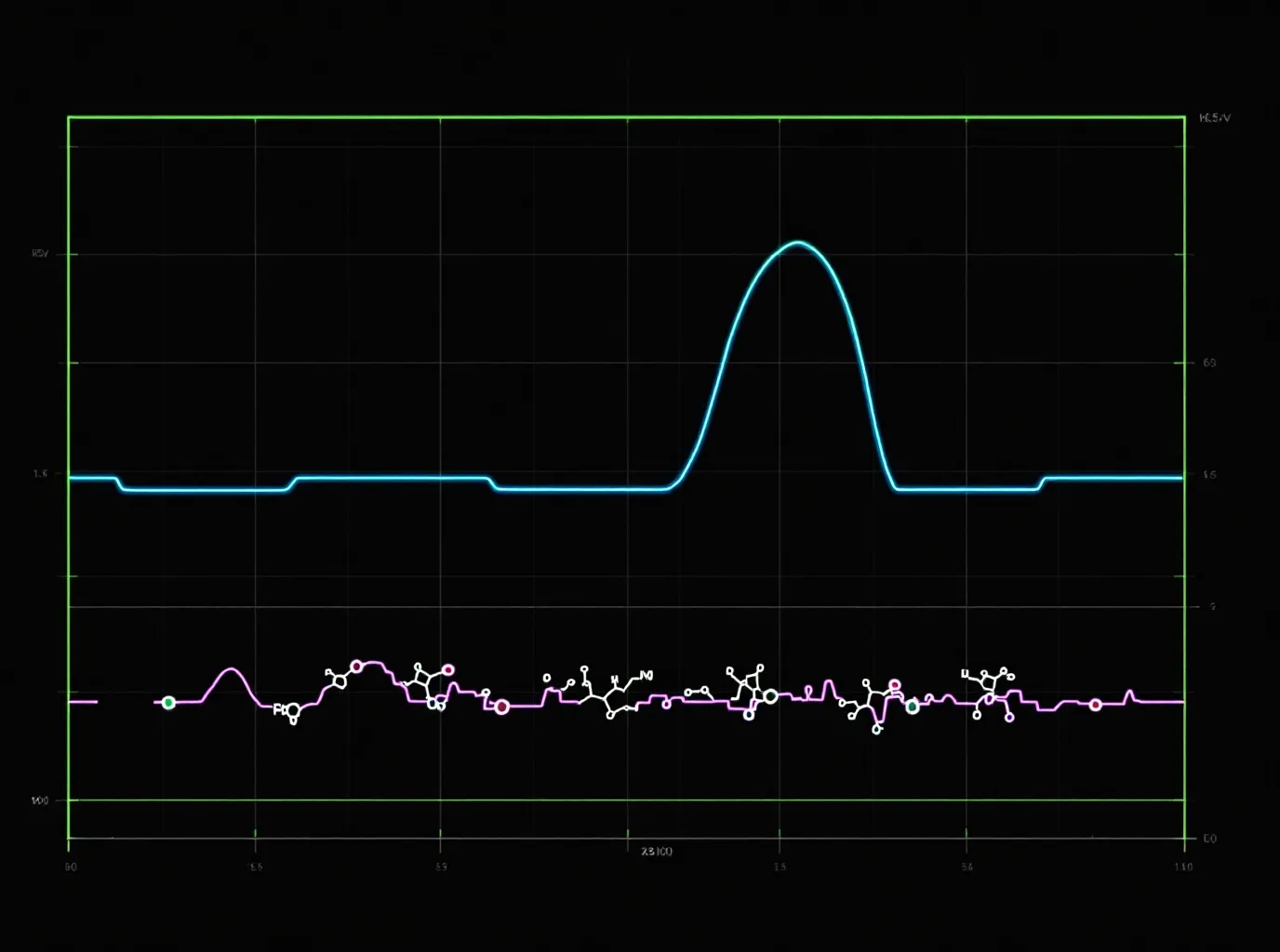 Schematic dark-console readout of four distinct channel-colored process traces for the four KLOW peptides, with the phosphor-green BPC-157 trace sprouting branching vessel strokes for the angiogenic arm
