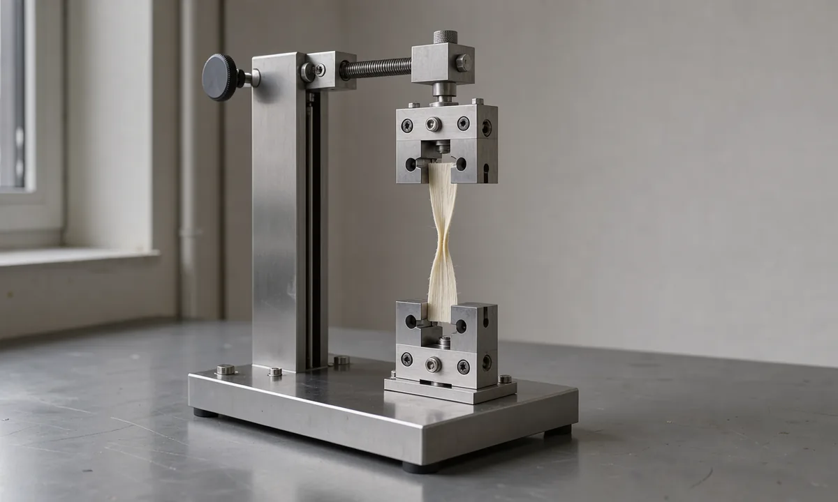 A pale fibrous strip held between the jaws of a mechanical tensile tester